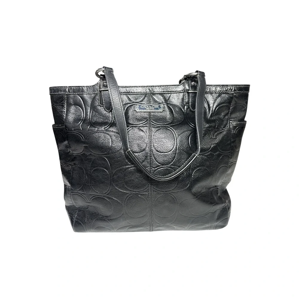 Coach Signature Embossed Black Patent Leather Tote Bag